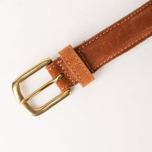 Load image into Gallery viewer, Ladies Suede Leather Belt Tan With Navy Accent And Horse Snaffle Details
