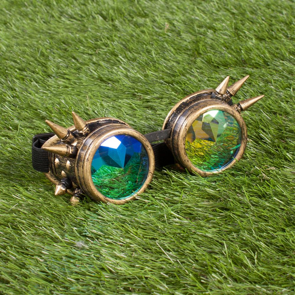 gold steam punk goggles with colourful prism lenses