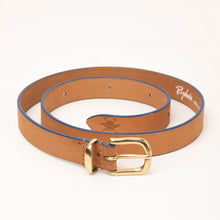 Load image into Gallery viewer, Tan Leather Belt For Women With Navy Contrast Edges
