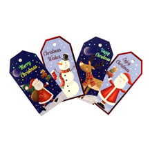 Load image into Gallery viewer, Four gift tags showing Santa, a snowman, and a reindeer
