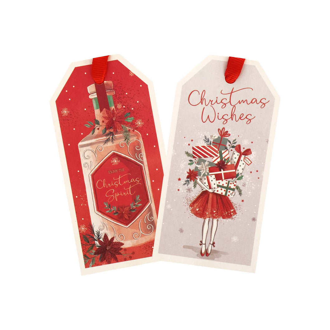 Two different designs of Christmas gift cards. One has a bottle of 'Christmas Spirit', and the other shows a woman carrying a lot of presents.