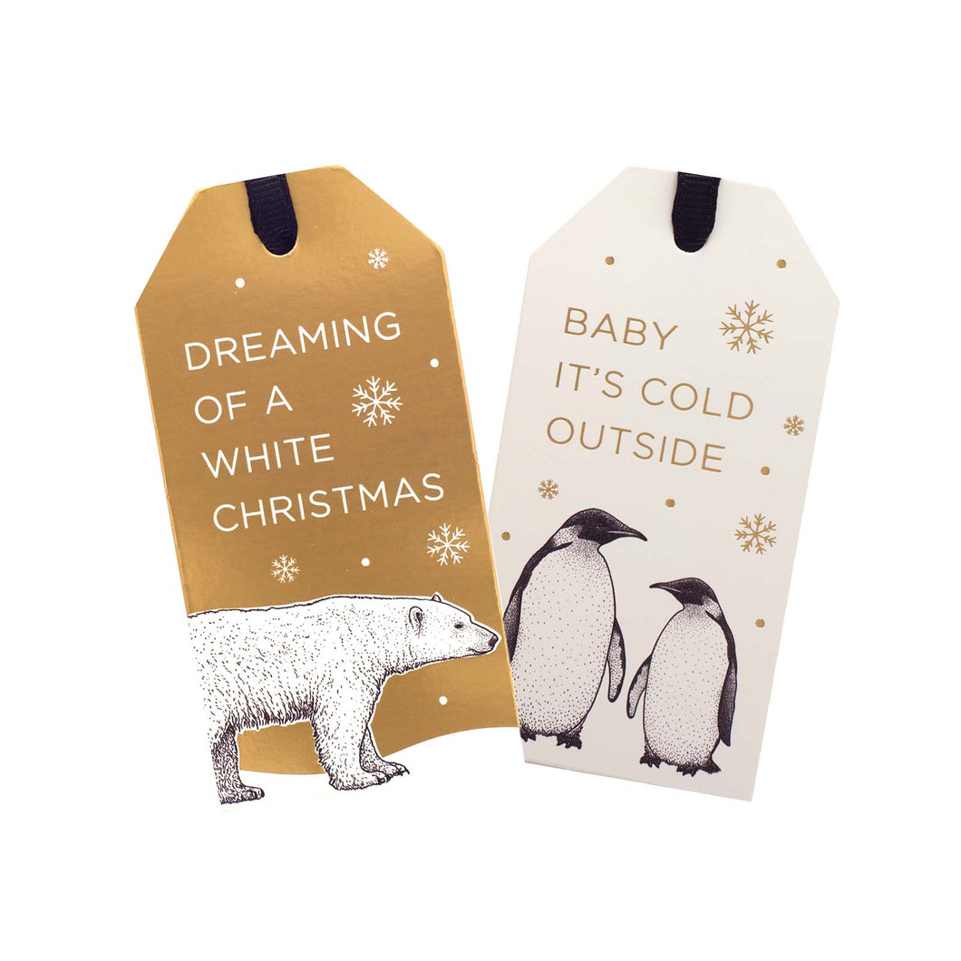 Two gift tags illustrated with a polar bear, and two penguins