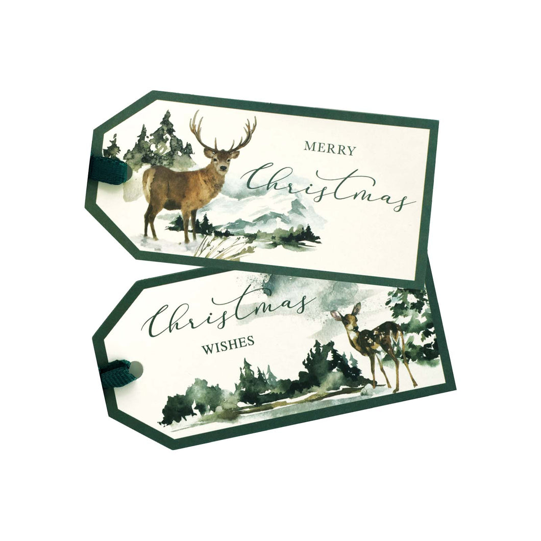 Two gift tags with different illustrations of deers