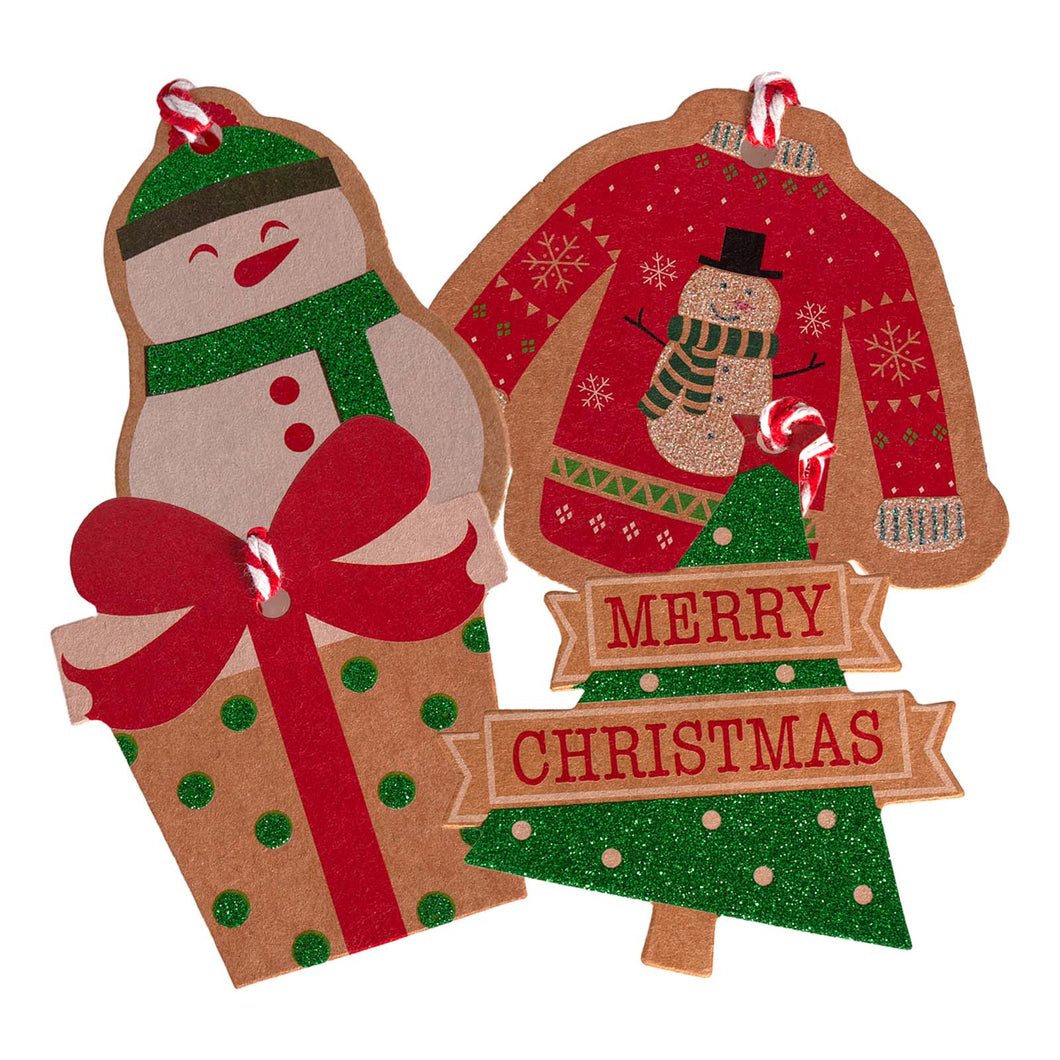 A snowman, jumper, present, and Christmas tree on individual gift tags