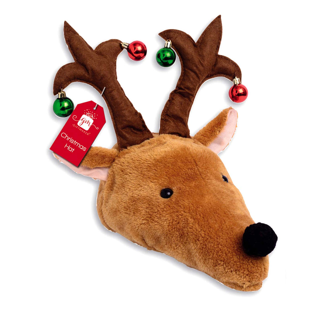 Plush reindeer hat with baubles on its antlers
